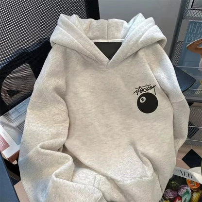 Loose American Style Heavy Black 8 Billiard Print Hoodie