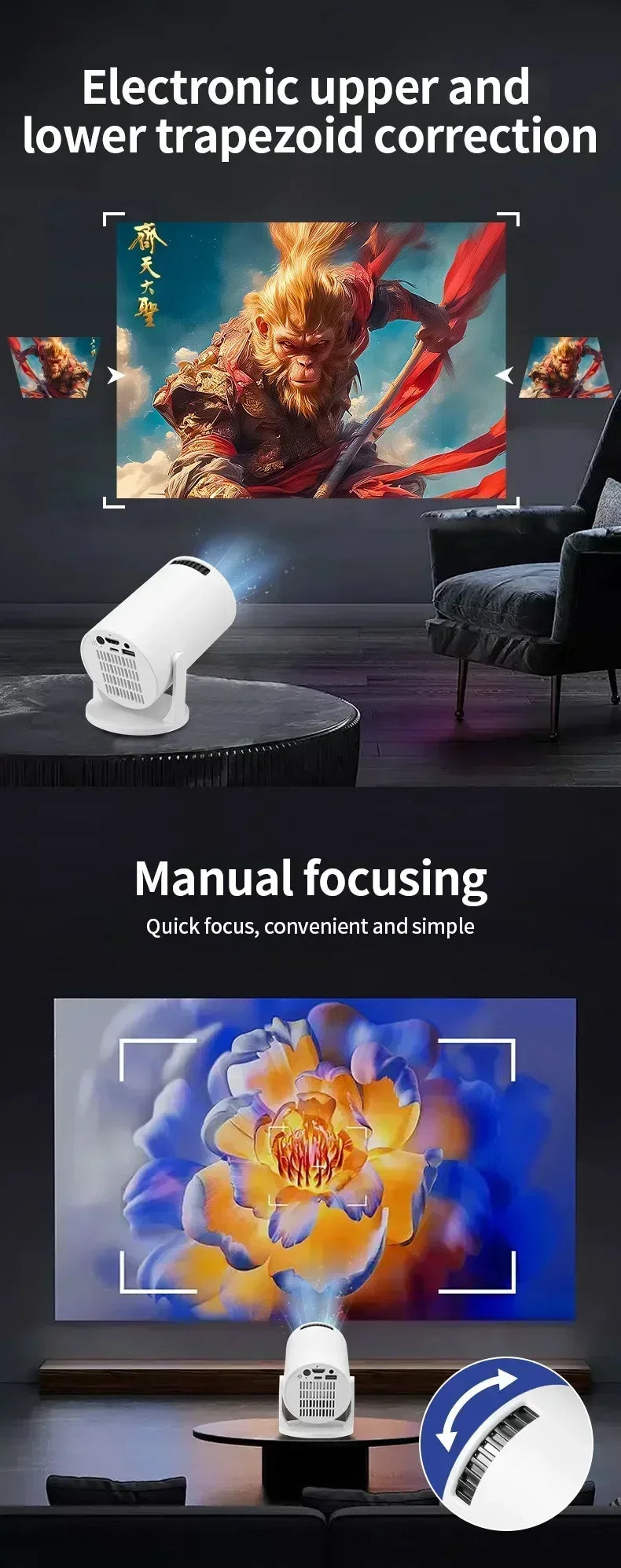 HY200 Portable HD Projector - 1080P WiFi Projector with Adjustable Stand