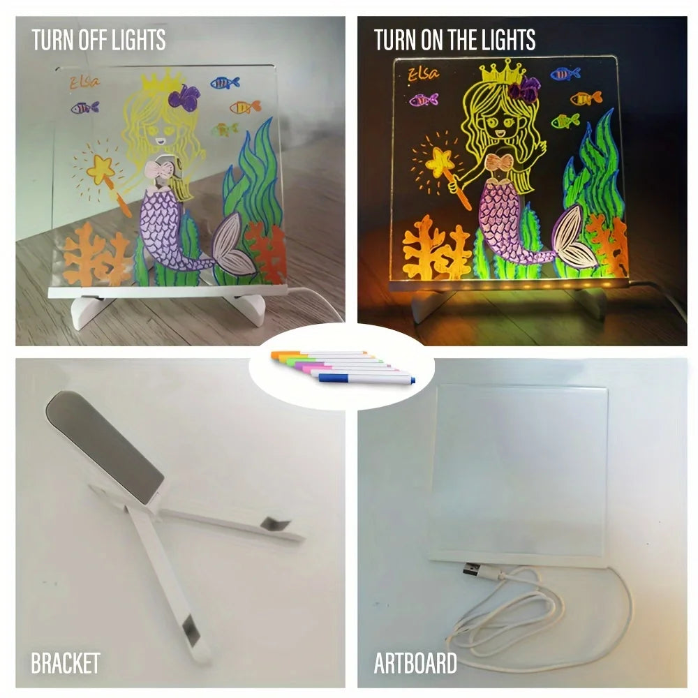 LED Note Board Night Light With Colorful 7 Pens DIY Acrylic Message Board Erasable Painting Drawing Board For Kids Birthday Gift
