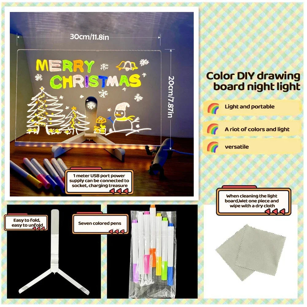 LED Note Board Night Light With Colorful 7 Pens DIY Acrylic Message Board Erasable Painting Drawing Board For Kids Birthday Gift