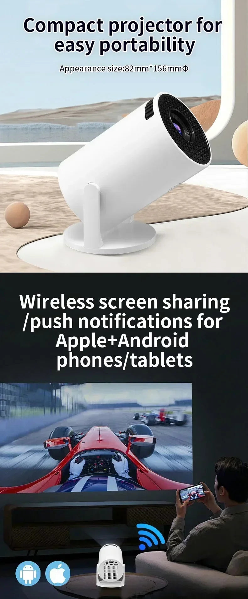 HY200 Portable HD Projector - 1080P WiFi Projector with Adjustable Stand