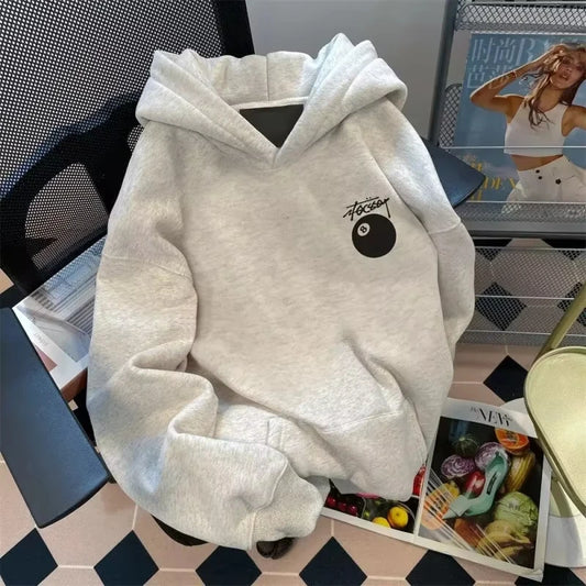 Loose American Style Heavy Black 8 Billiard Print Hoodie